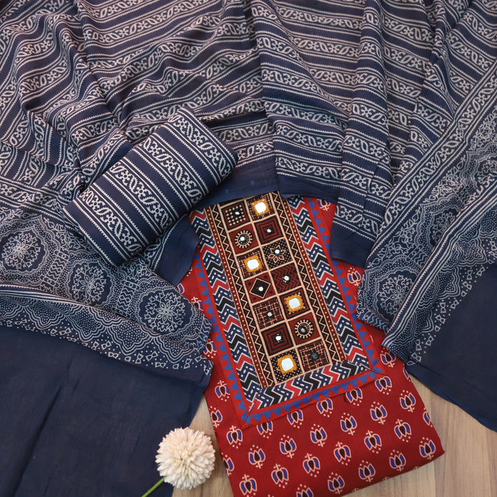 Ruhani Berry Red Mirror Neck Work in Lotus Printed Cotton Suit Set