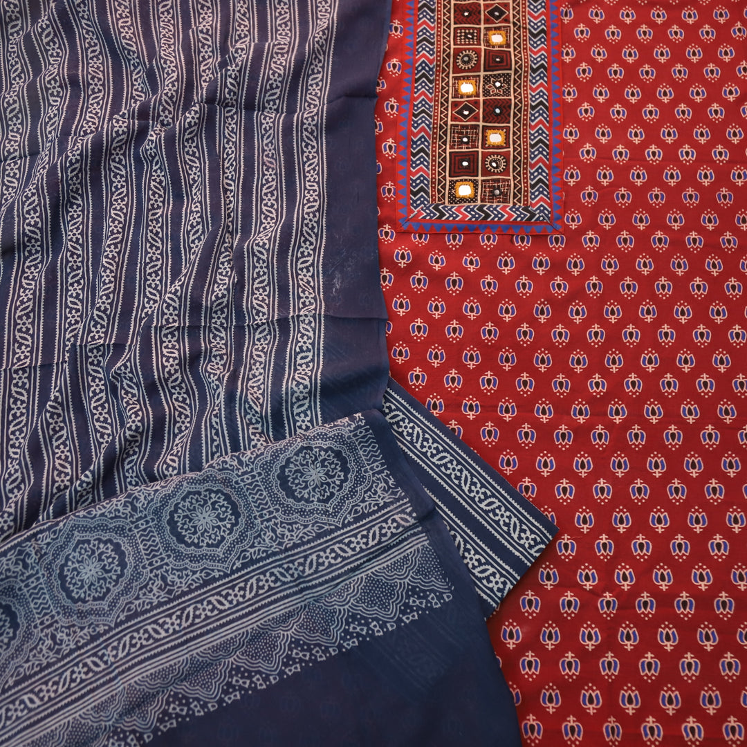 Ruhani Berry Red Mirror Neck Work in Lotus Printed Cotton Suit Set