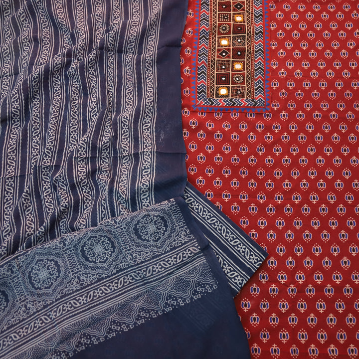 Ruhani Berry Red Mirror Neck Work in Lotus Printed Cotton Suit Set