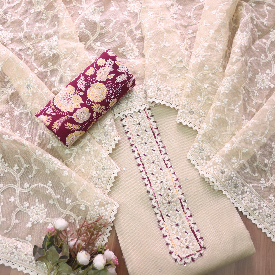 Rahi Beige Thread Work Patch Kota Doriya Top with Floral Print Red Bottom Set