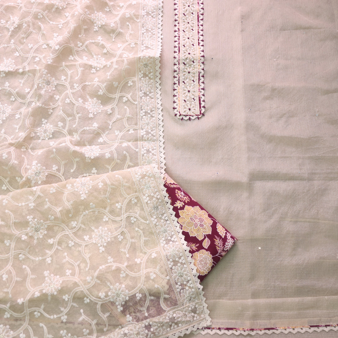 Rahi Beige Thread Work Patch Kota Doriya Top with Floral Print Red Bottom Set