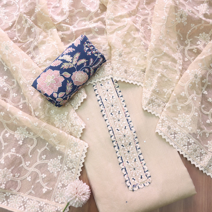 Rahi Beige Thread Work Patch Kota Doriya Top with Floral Print Blue Bottom Set