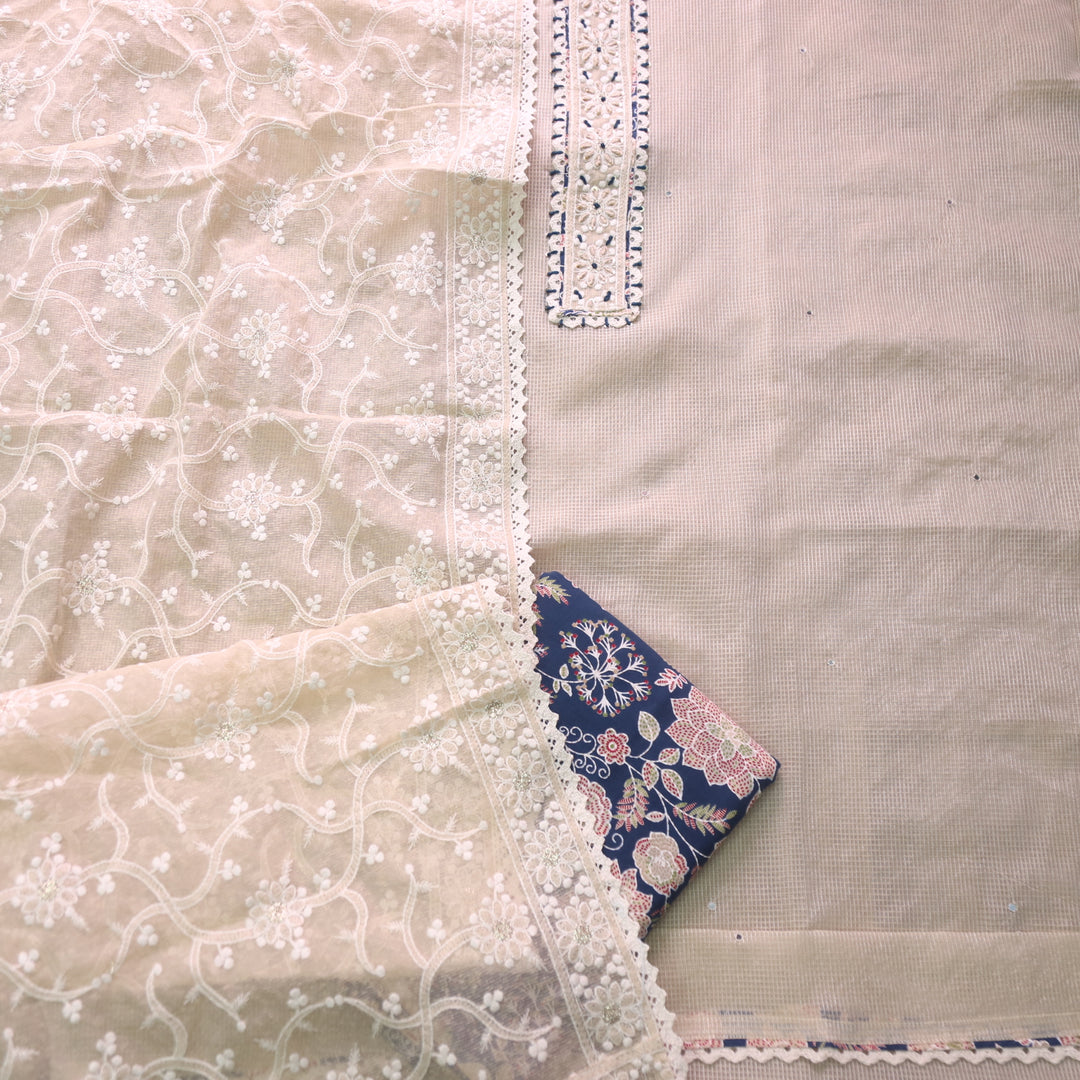 Rahi Beige Thread Work Patch Kota Doriya Top with Floral Print Blue Bottom Set