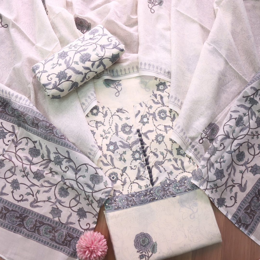 Billori White with Grey Floral Print with Kantha and Patra Detailing Cotton Set