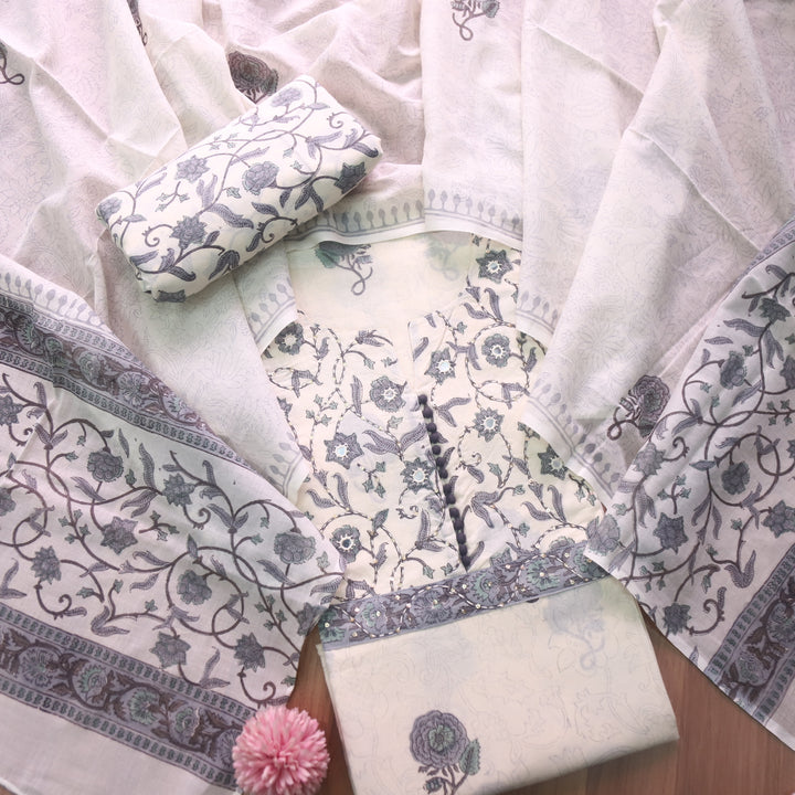 Billori White with Grey Floral Print with Kantha and Patra Detailing Cotton Set