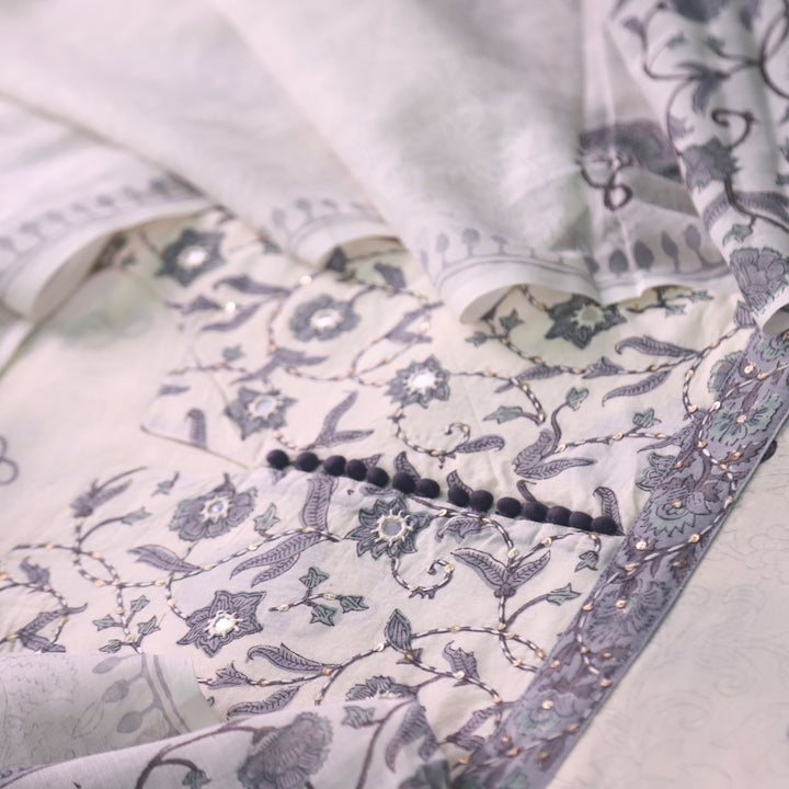 Billori White with Grey Floral Print with Kantha and Patra Detailing Cotton Set