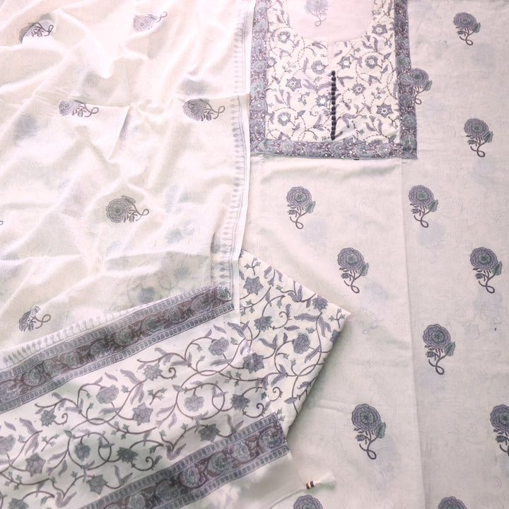 Billori White with Grey Floral Print with Kantha and Patra Detailing Cotton Set