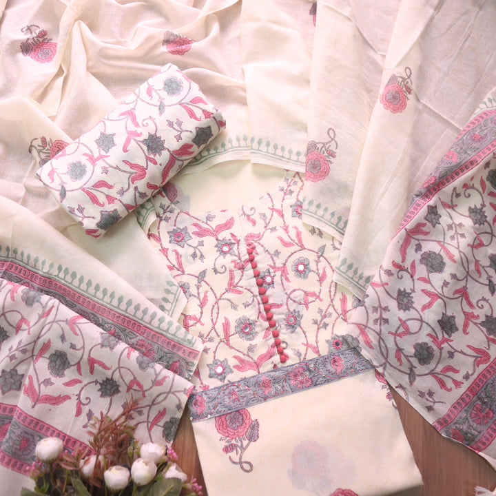 Billori White with Red Floral Print with Kantha and Patra Detailing Cotton Set