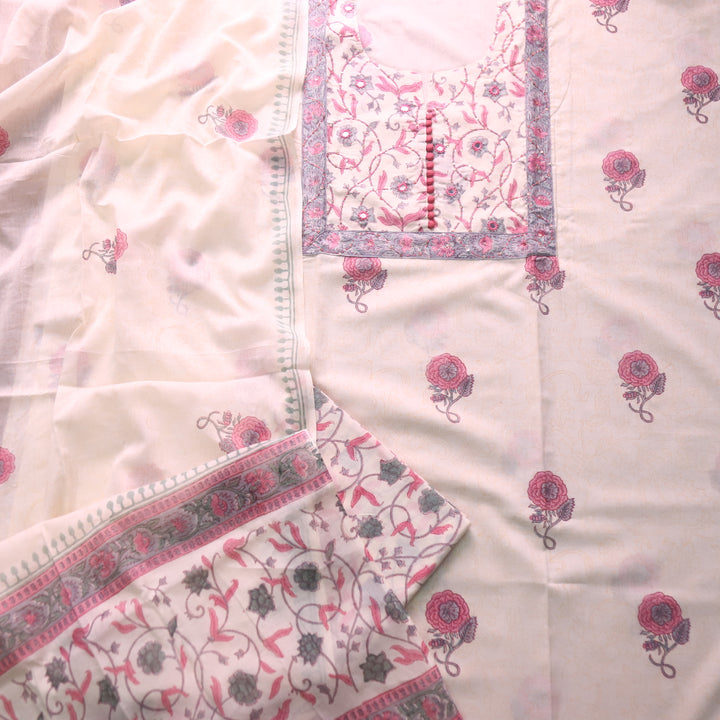 Billori White with Red Floral Print with Kantha and Patra Detailing Cotton Set