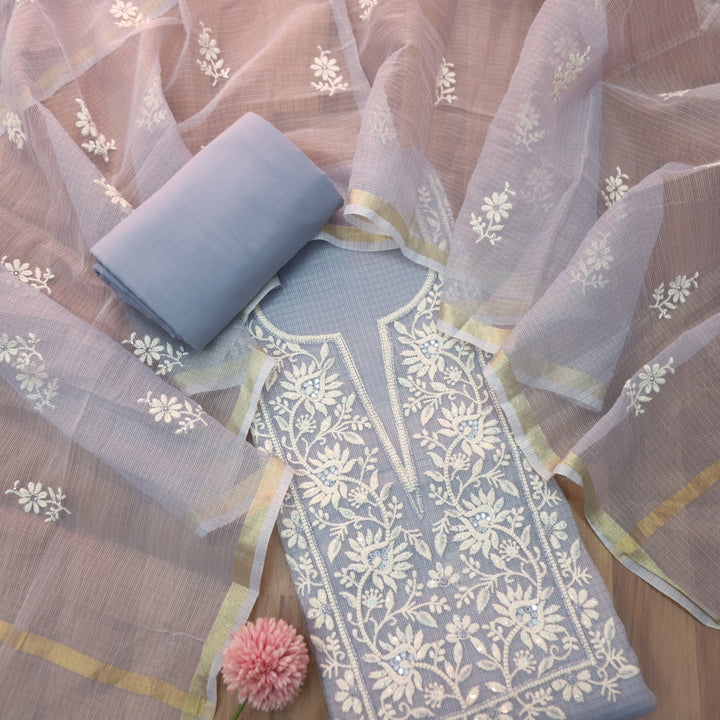 Sahiba Slate Gray Sequence Work Thread Neck Kota Doriya Suit Set