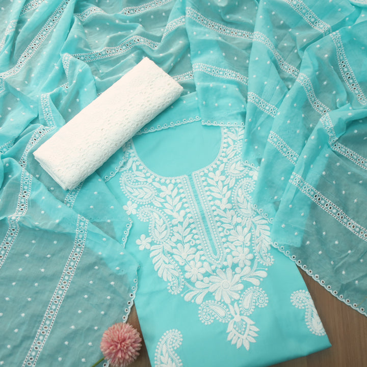 Apurav Aqua Cyan Chikankari inspired Neck Work Cotton Suit Set