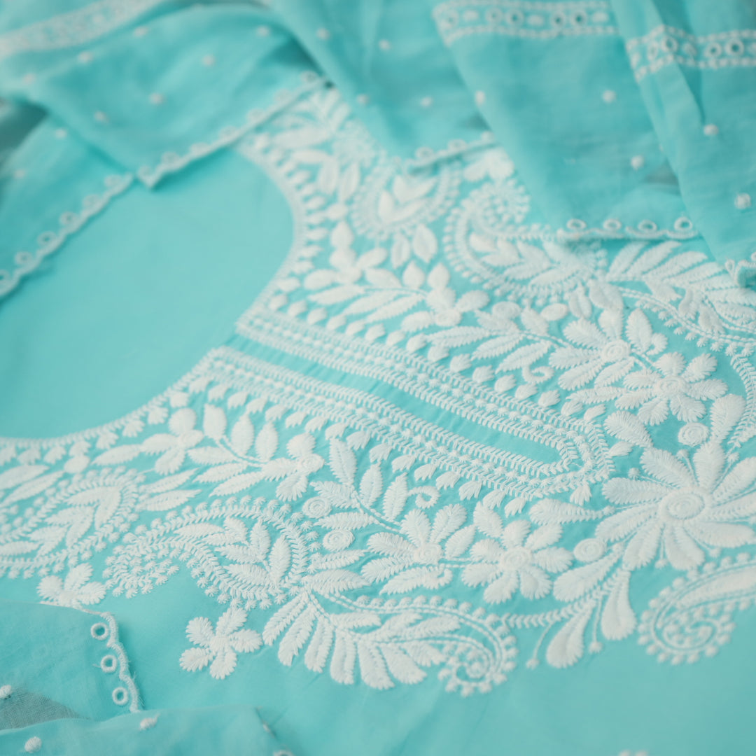 Apurav Aqua Cyan Chikankari inspired Neck Work Cotton Suit Set
