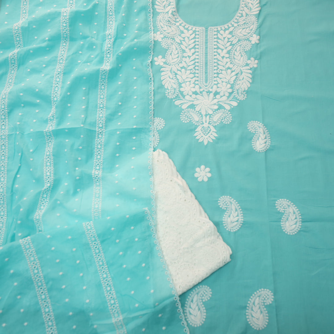 Apurav Aqua Cyan Chikankari inspired Neck Work Cotton Suit Set