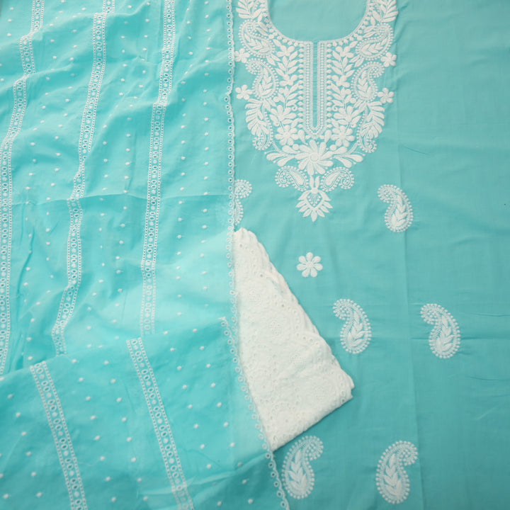 Apurav Aqua Cyan Chikankari inspired Neck Work Cotton Suit Set