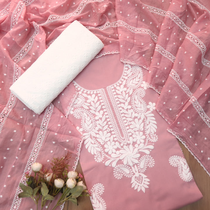 Apurav Soft Mauve Pink Chikankari inspired Neck Work Cotton Suit Set