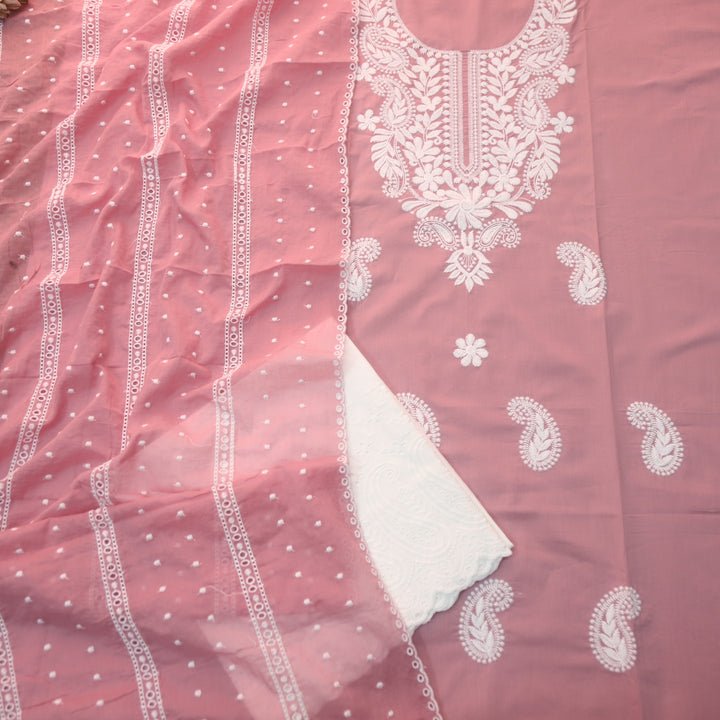 Apurav Soft Mauve Pink Chikankari inspired Neck Work Cotton Suit Set