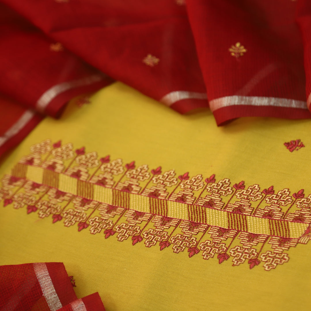 Billori Dandelion Yellow Thread Embroidered Neck Work Cotton Suit Set
