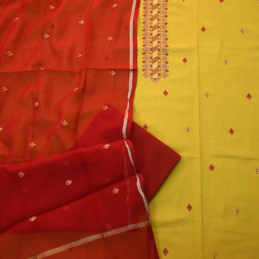 Billori Dandelion Yellow Thread Embroidered Neck Work Cotton Suit Set