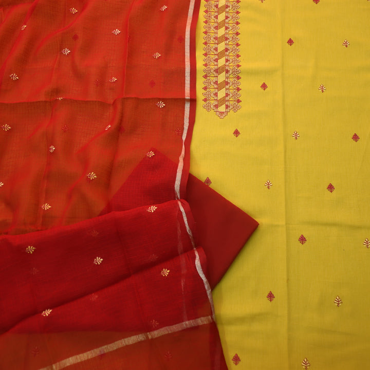 Billori Dandelion Yellow Thread Embroidered Neck Work Cotton Suit Set