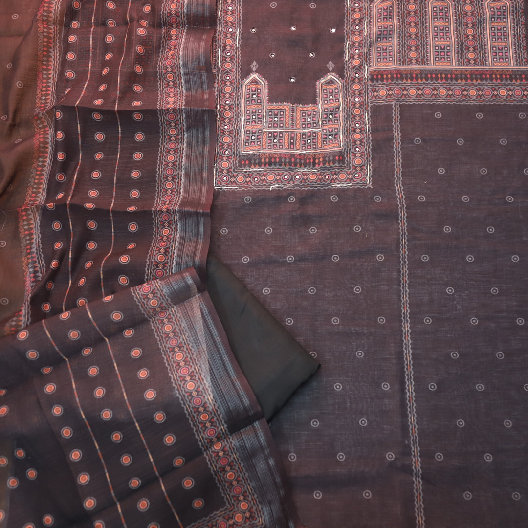 Gul Faded Black Digital Printed Neck with Patra Work Cotton Linen Suit Set