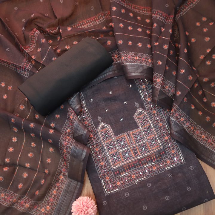 Gul Faded Black Digital Printed Neck with Patra Work Cotton Linen Suit Set