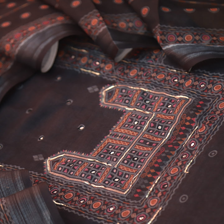 Gul Faded Black Digital Printed Neck with Patra Work Cotton Linen Suit Set
