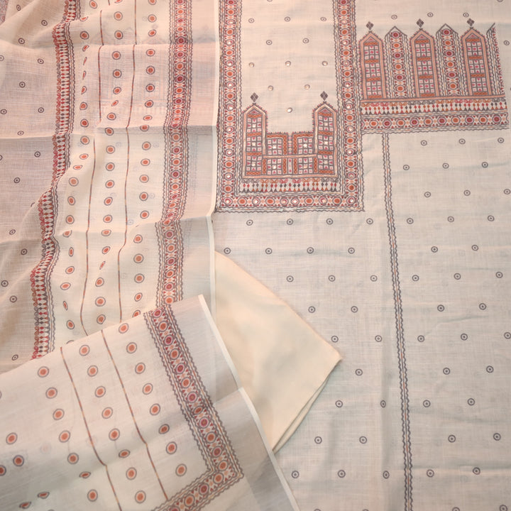 Gul Cream White Digital Printed Neck with Patra Work Cotton Linen Suit Set