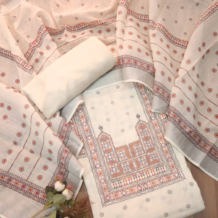 Gul Cream White Digital Printed Neck with Patra Work Cotton Linen Suit Set