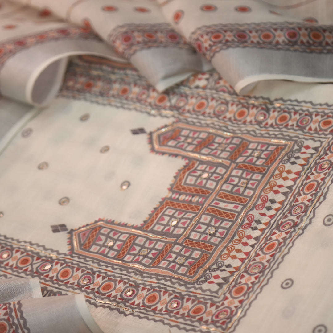Gul Cream White Digital Printed Neck with Patra Work Cotton Linen Suit Set