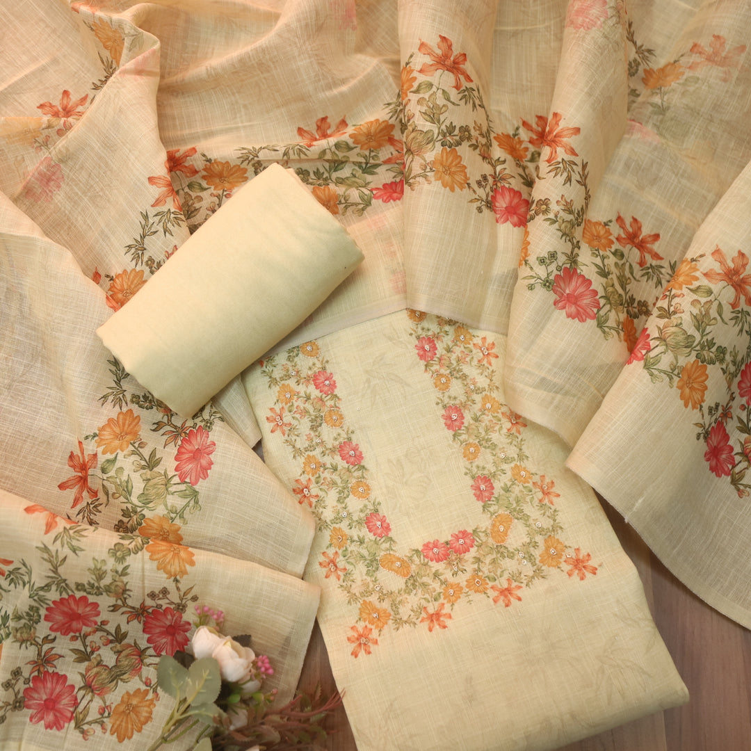 Beliya Sand Beige Zari Detailing Floral Printed Shimmer Tissue Linen Suit Set