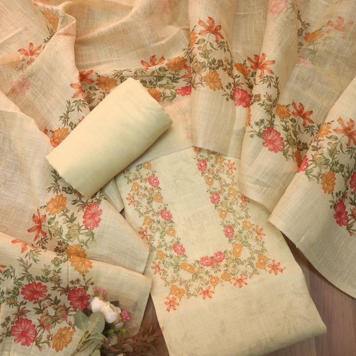 Beliya Sand Beige Zari Detailing Floral Printed Shimmer Tissue Linen Suit Set