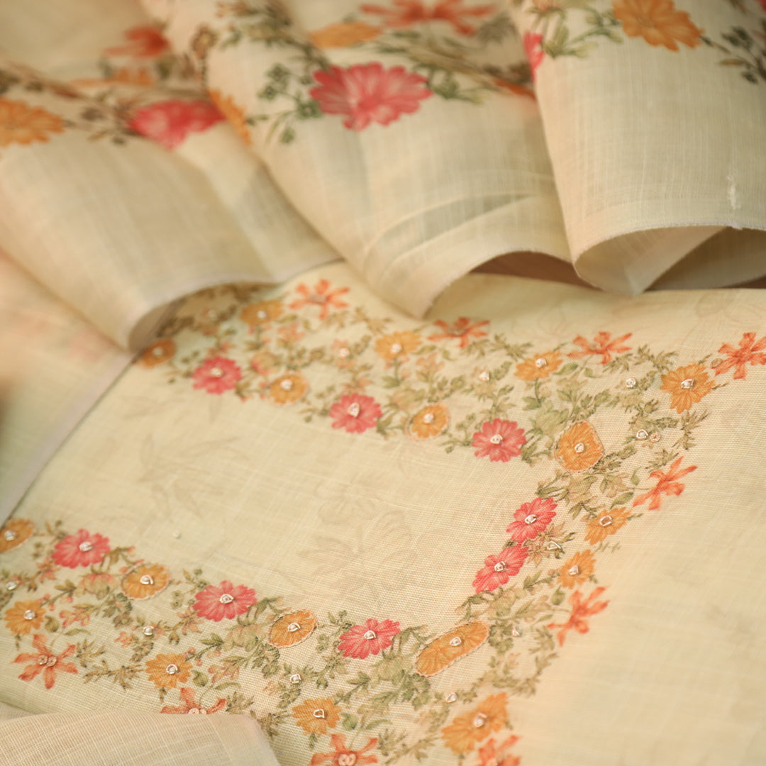 Beliya Sand Beige Zari Detailing Floral Printed Shimmer Tissue Linen Suit Set