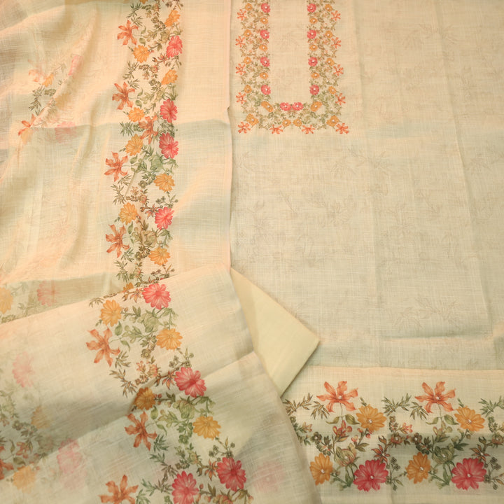 Beliya Sand Beige Zari Detailing Floral Printed Shimmer Tissue Linen Suit Set
