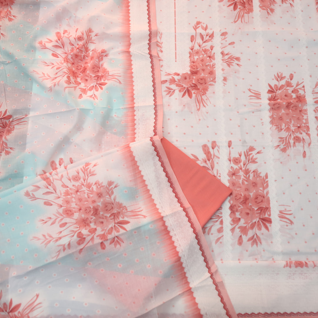 Madhubala Coral Peach All Over Check Printed Work Cotton Suit Set