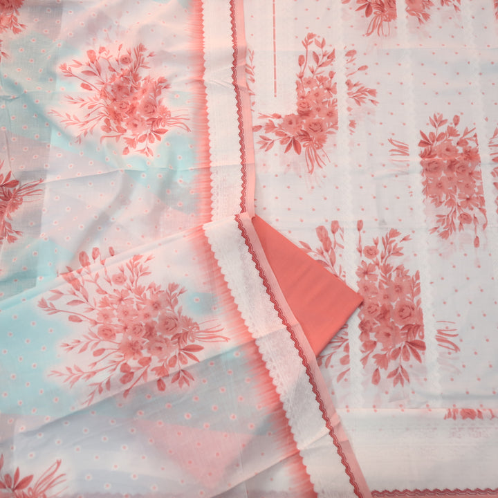 Madhubala Coral Peach All Over Check Printed Work Cotton Suit Set