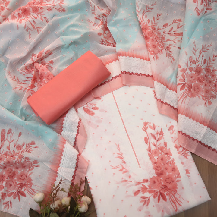 Madhubala Coral Peach All Over Check Printed Work Cotton Suit Set