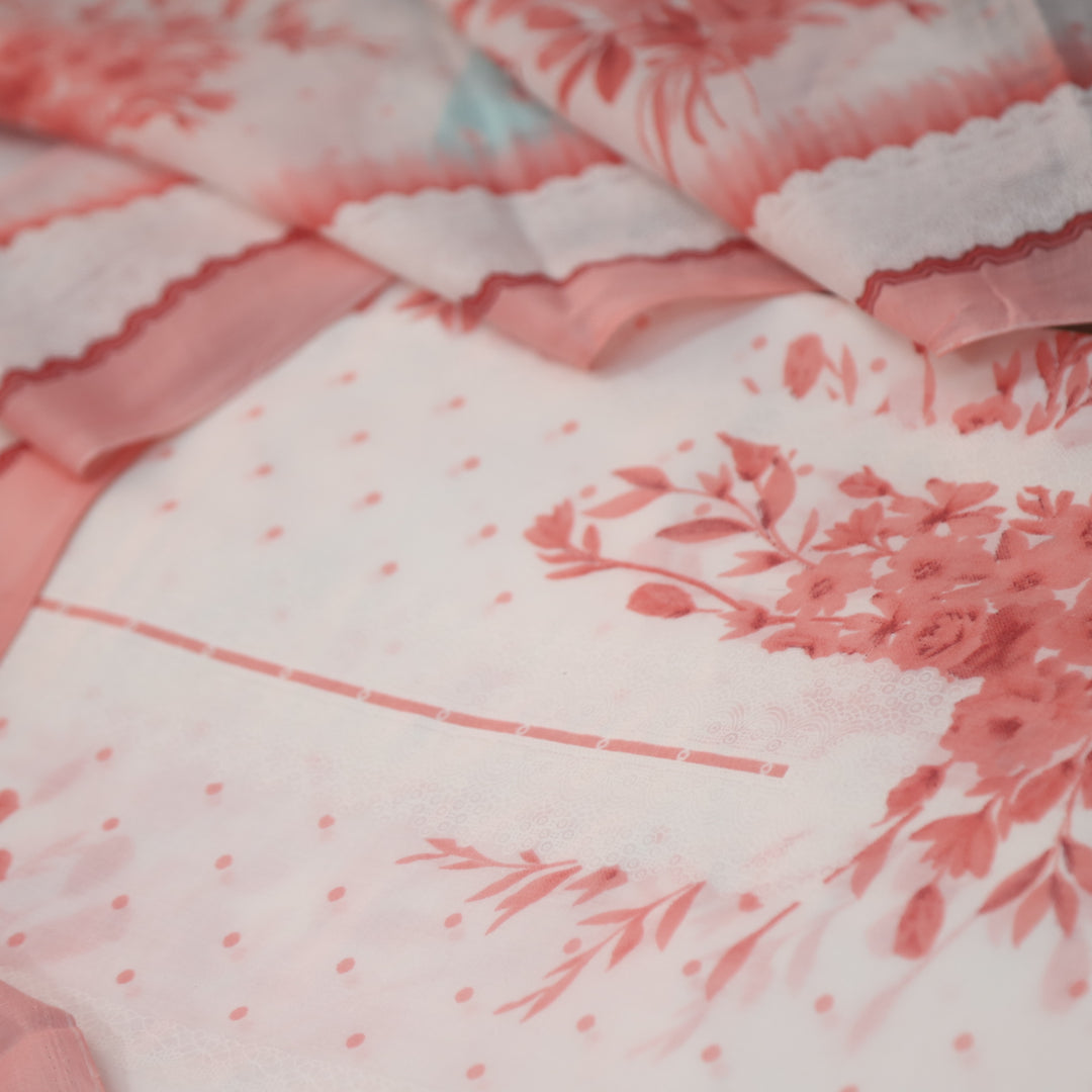 Madhubala Coral Peach All Over Check Printed Work Cotton Suit Set