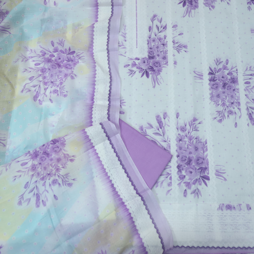 Madhubala Orchid Purple All Over Check Printed Work Cotton Suit Set