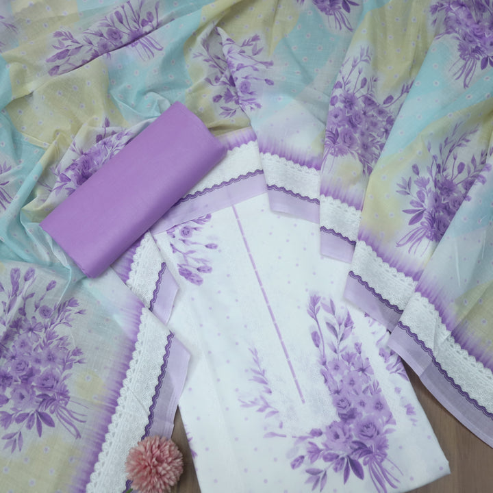 Madhubala Orchid Purple All Over Check Printed Work Cotton Suit Set