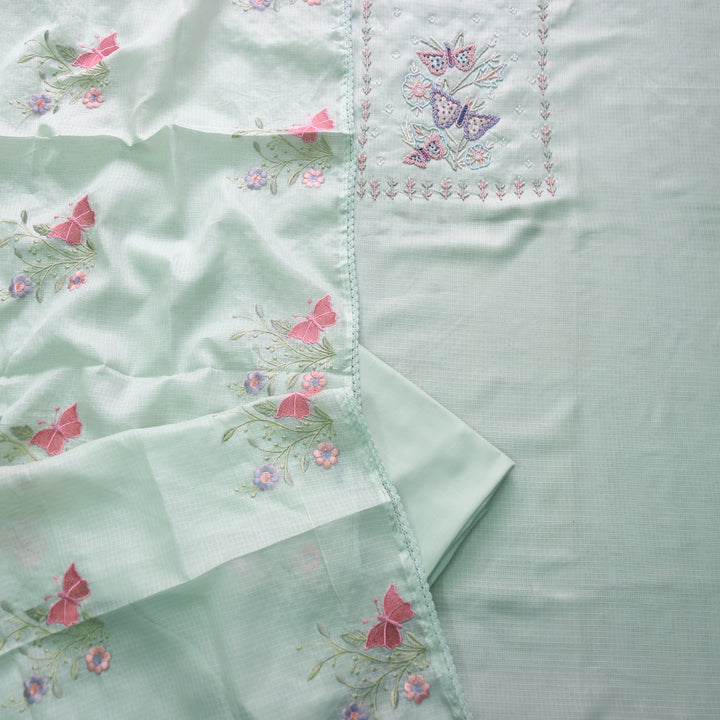 Ranjha Mint Green Moti Embellish Neck Work Kota Doriya Suit Set