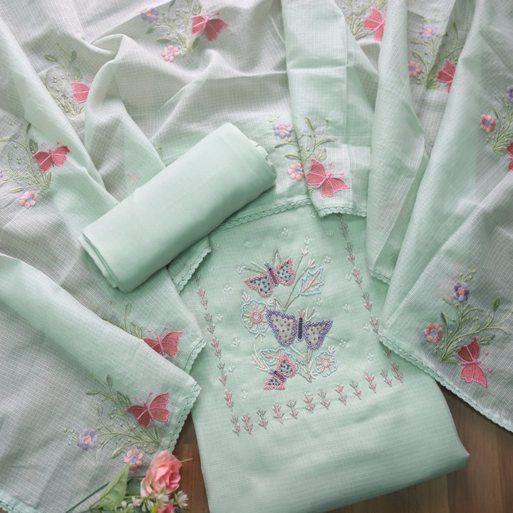 Ranjha Mint Green Moti Embellish Neck Work Kota Doriya Suit Set