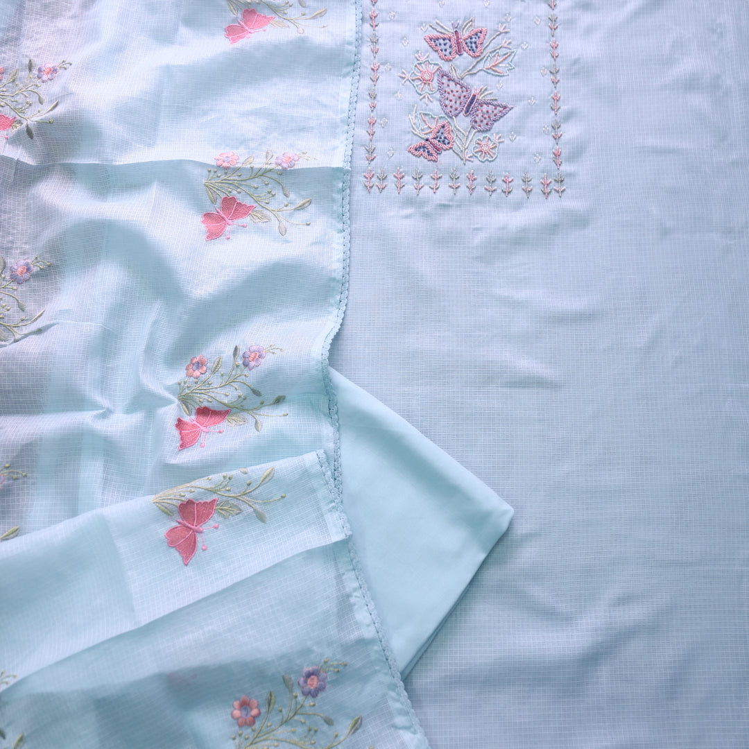 Ranjha Powder Blue Moti Embellish Neck Work Kota Doriya Suit Set