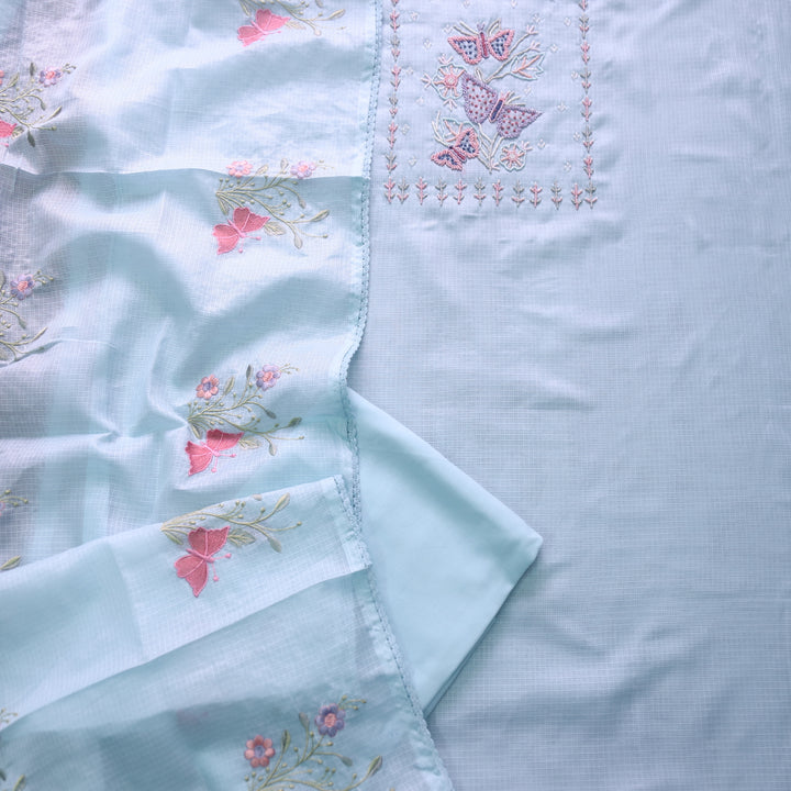 Ranjha Powder Blue Moti Embellish Neck Work Kota Doriya Suit Set