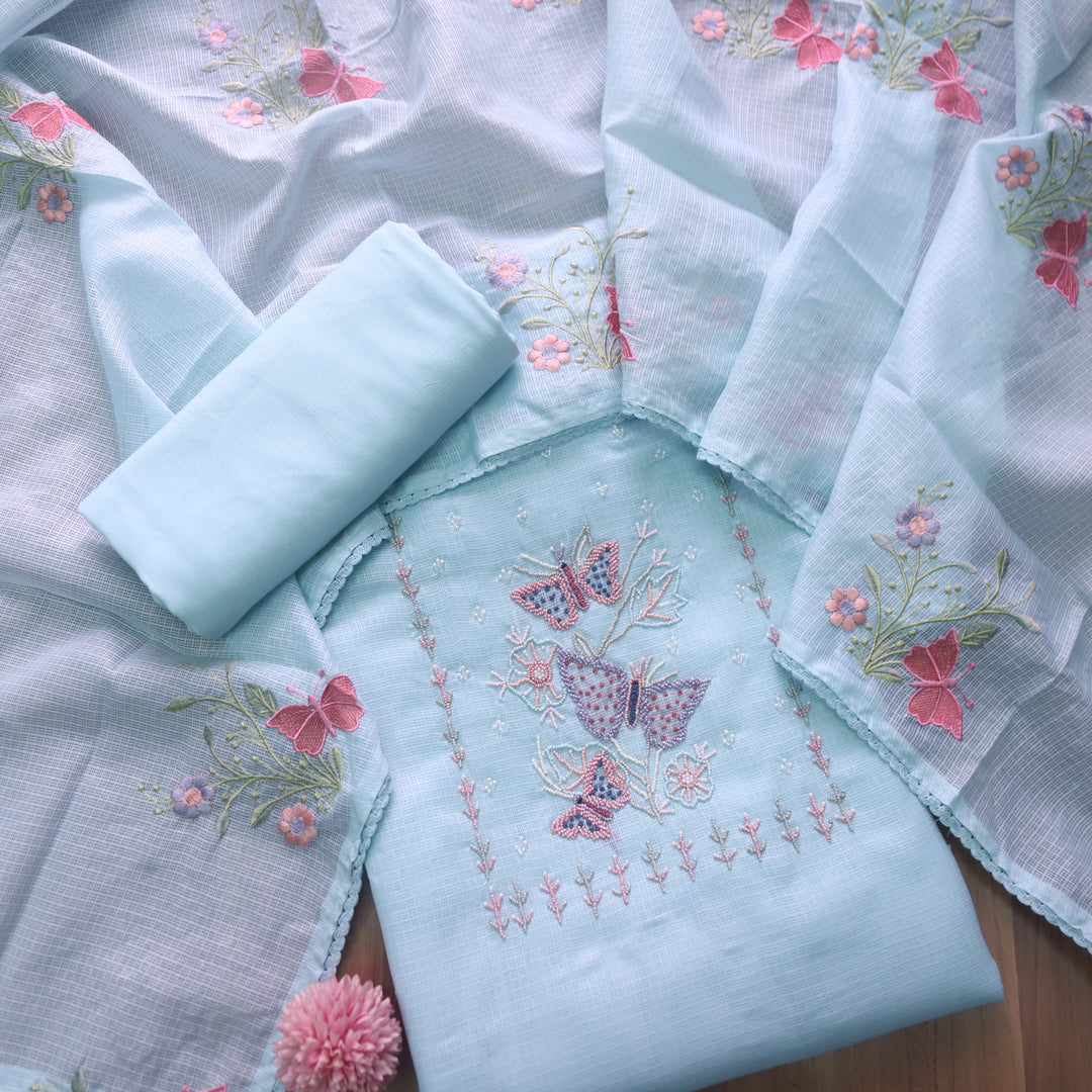 Ranjha Powder Blue Moti Embellish Neck Work Kota Doriya Suit Set