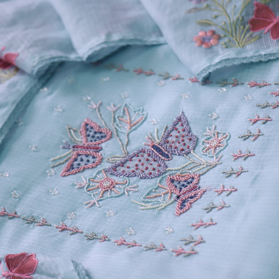 Ranjha Powder Blue Moti Embellish Neck Work Kota Doriya Suit Set