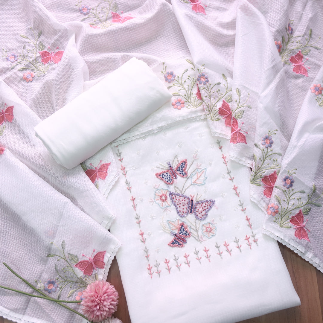 Ranjha Pearl White Moti Embellish Neck Work Kota Doriya Suit Set