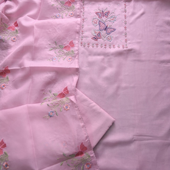 Ranjha Frosty Pink Moti Embellish Neck Work Kota Doriya Suit Set