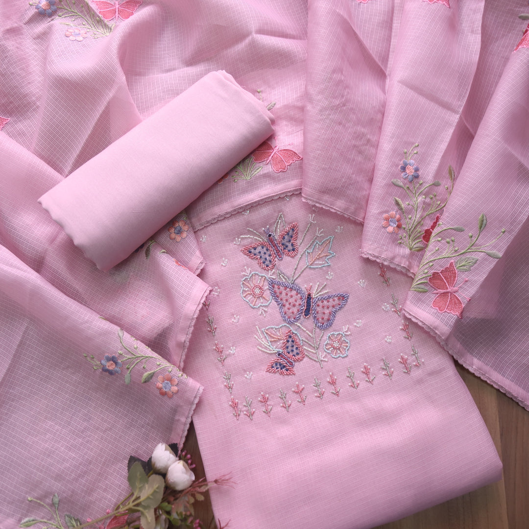 Ranjha Frosty Pink Moti Embellish Neck Work Kota Doriya Suit Set