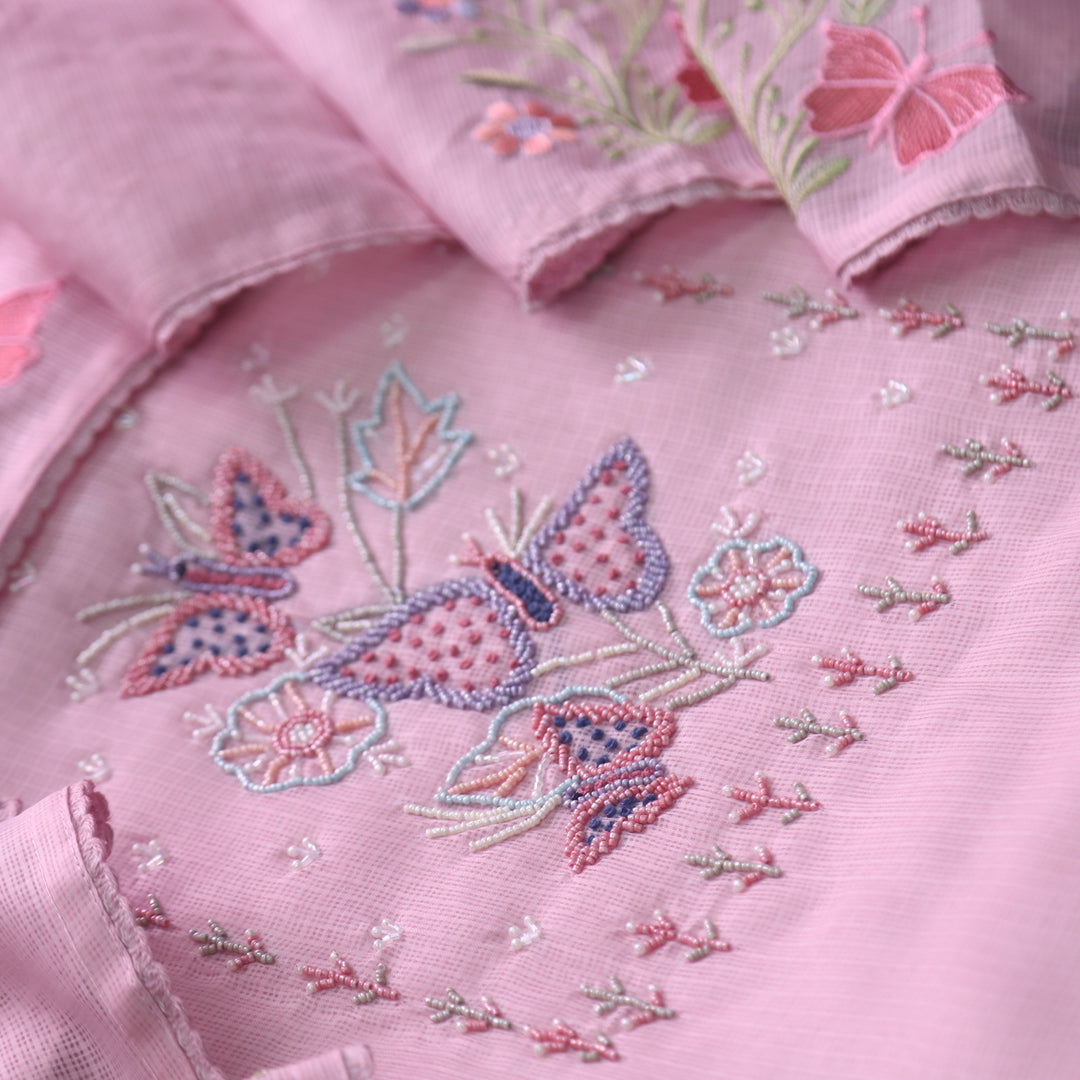 Ranjha Frosty Pink Moti Embellish Neck Work Kota Doriya Suit Set