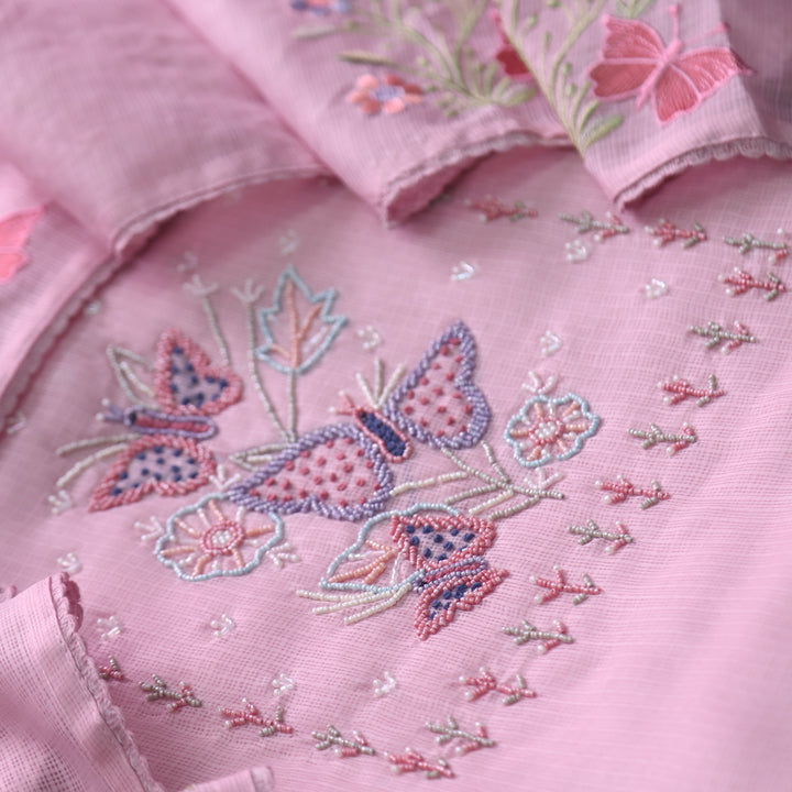 Ranjha Frosty Pink Moti Embellish Neck Work Kota Doriya Suit Set